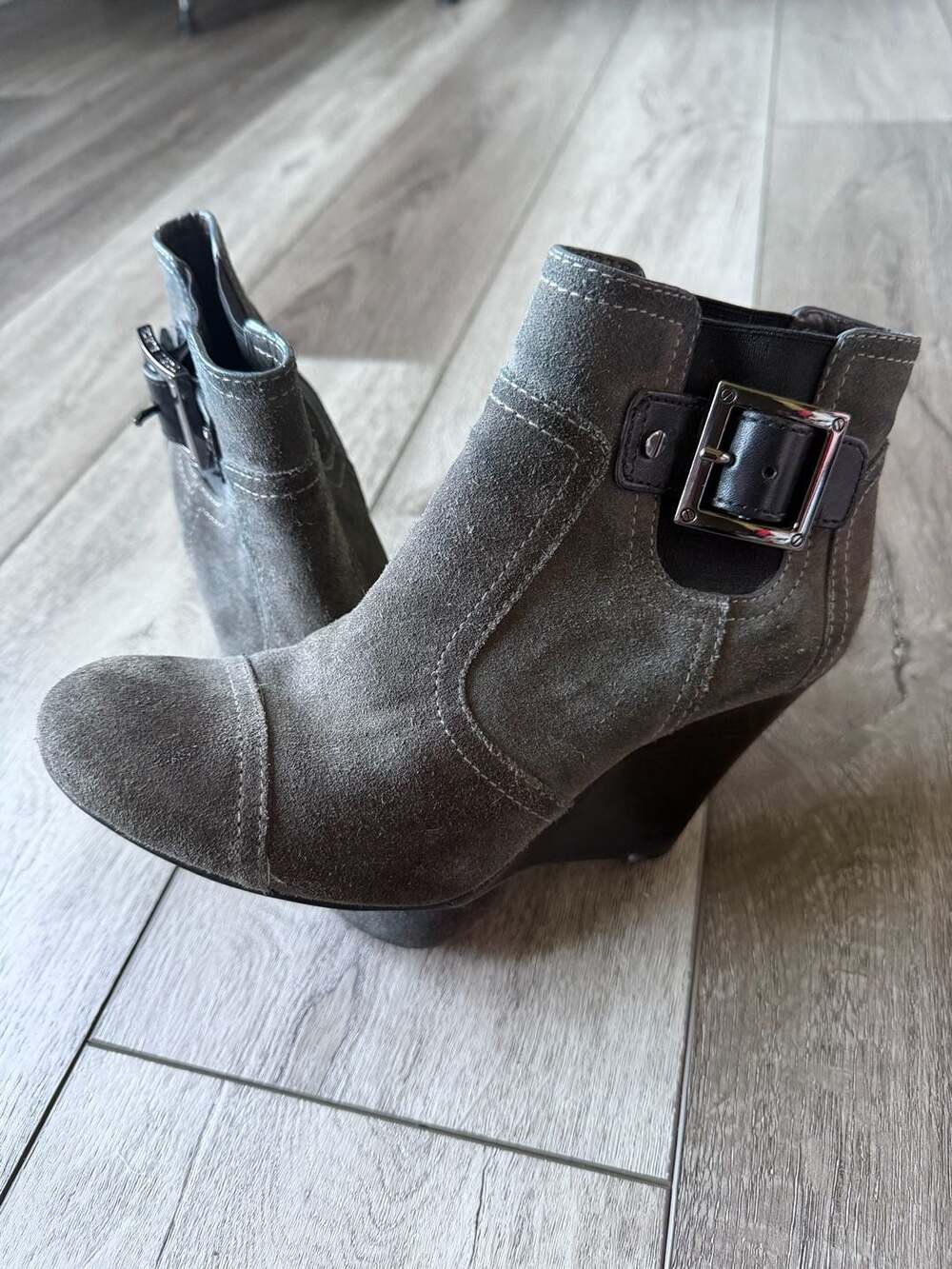 Tory Burch Gray Suede Adrienne Wedge Booties with Buckle